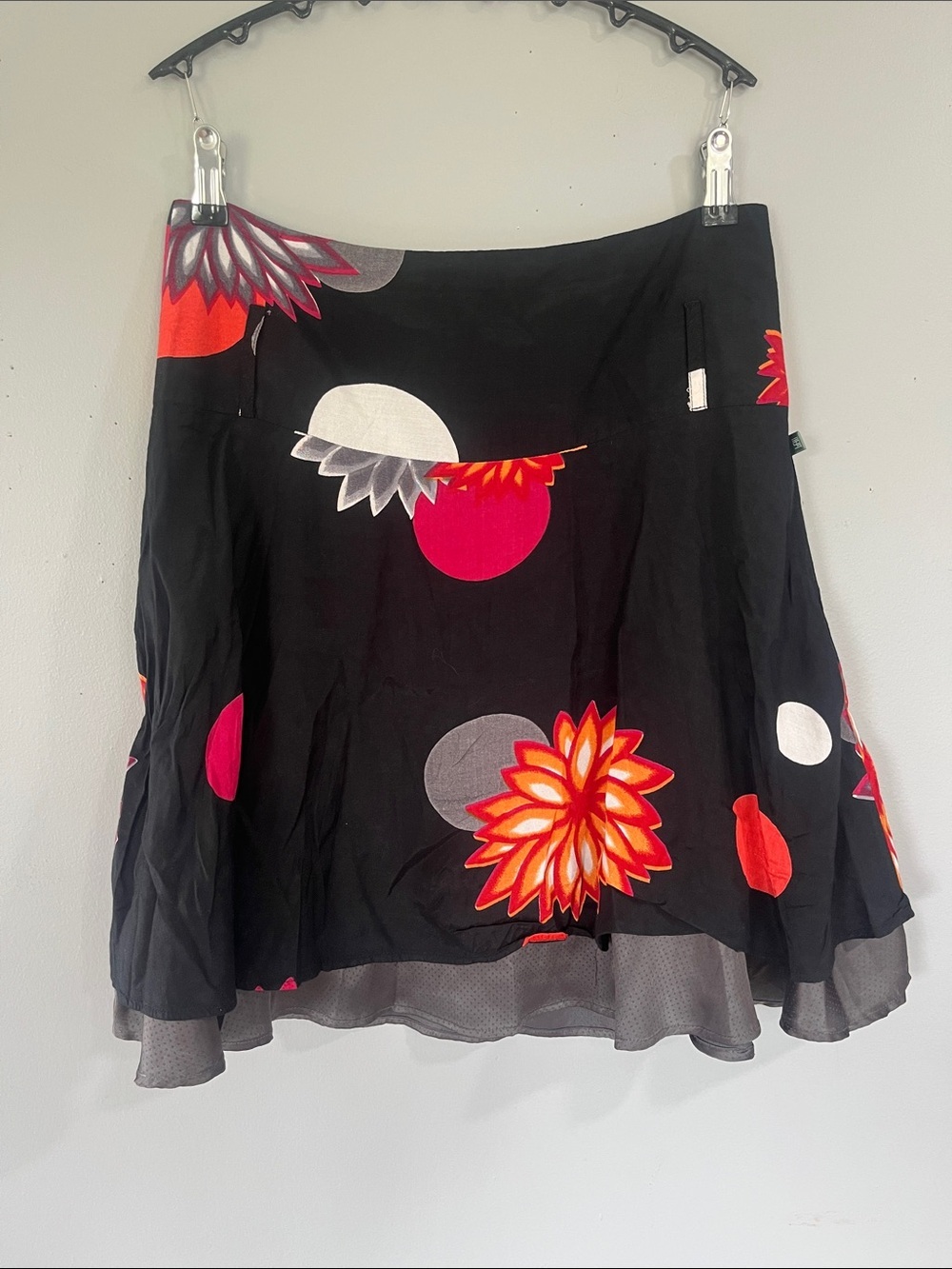 DEPT Black Floral & Dot Skater Skirt with Pink and Orange Accents